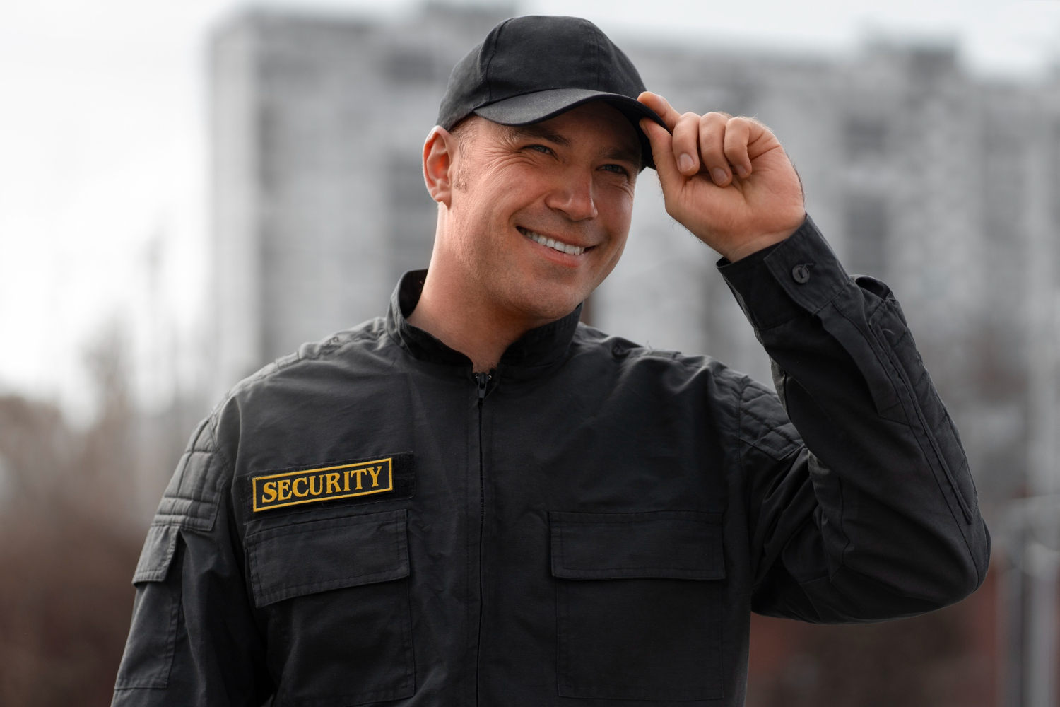 A security guard smiling at the camera, outside with a blurry building in the background.